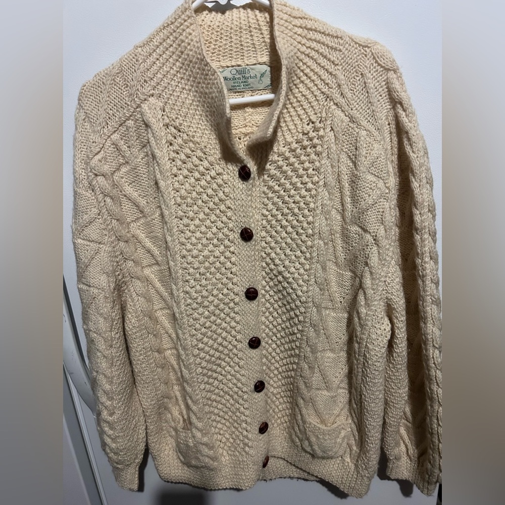 Vintage Quill's Woollen Market Cream Irish Fisherman Cardigan Sweater Wool XL.